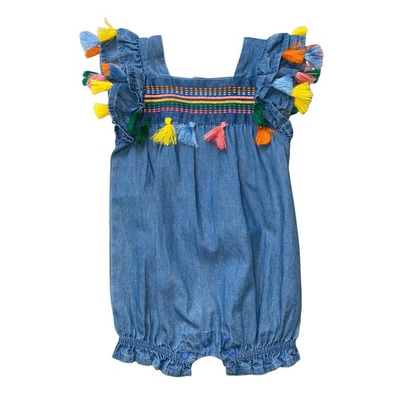 Mud Pie denim chambray romper embroidered tassels 0-3m 3-6m nwt - Picture 1 of 3